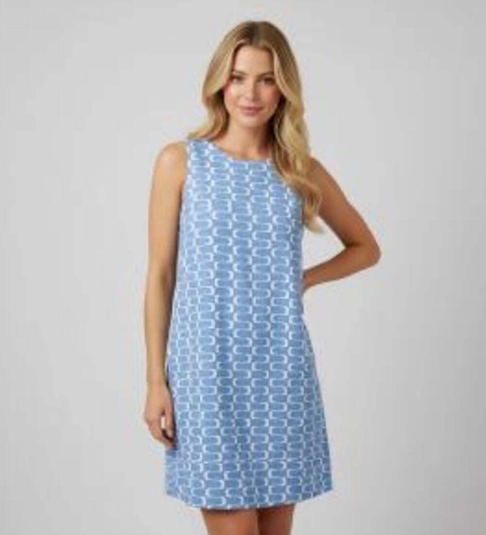 Reformation Blue and White Geometric Print Linen Sleeveless Shift Dress Size 12